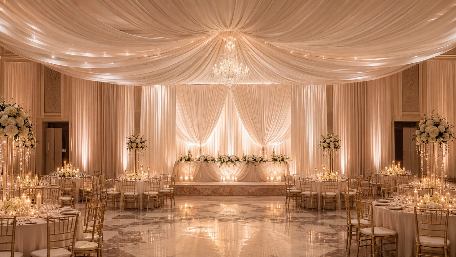 Draped ballroom with chandelier & gold chairs