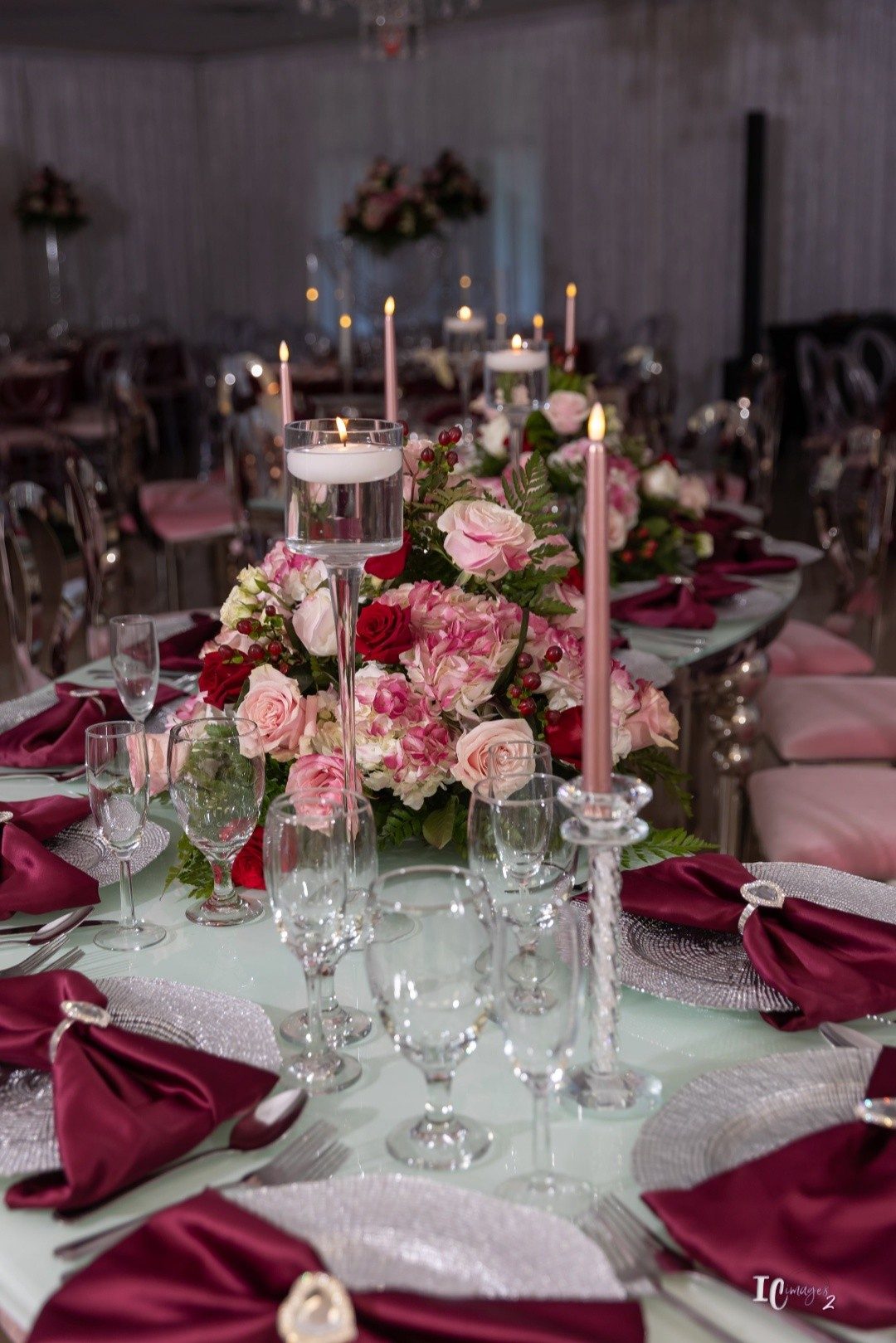 Burgundy & blush rose tablescape